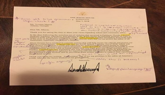 Учитель отправила письмо Трампа обратно из-за грамматических ошибок